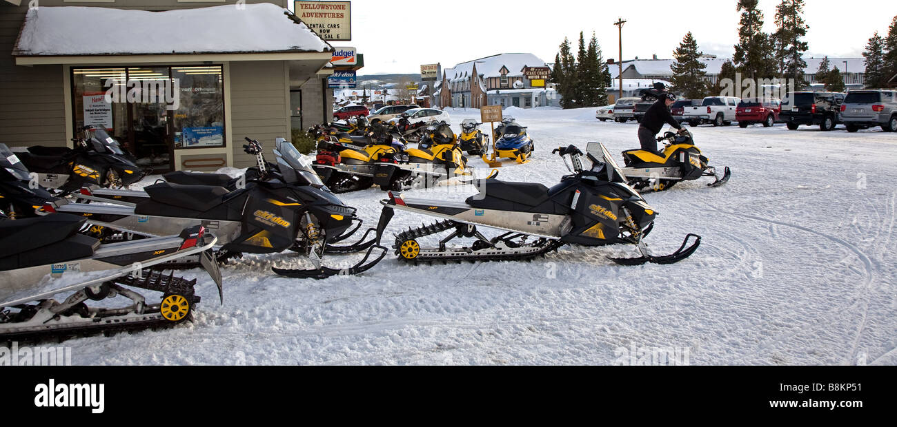 Snowmobiles parked in West Yellowstone, USA Stock Photo Alamy