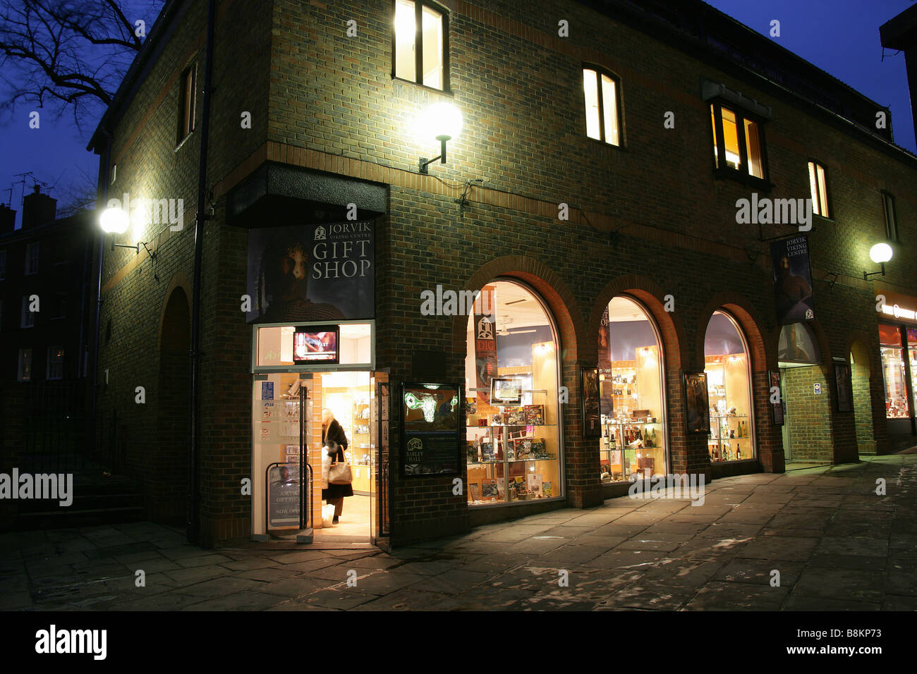 City of York, England. Evening view of the Jorvik Viking Centre gift shop and entrance in York’s Coppergate. Stock Photo
