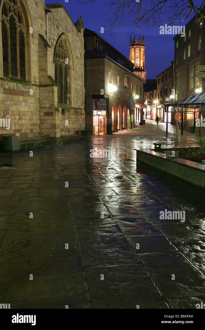 City of York, England. Evening view of the Coppergate shopping Centre with the Jorvik Viking Centre entrance in the foreground. Stock Photo