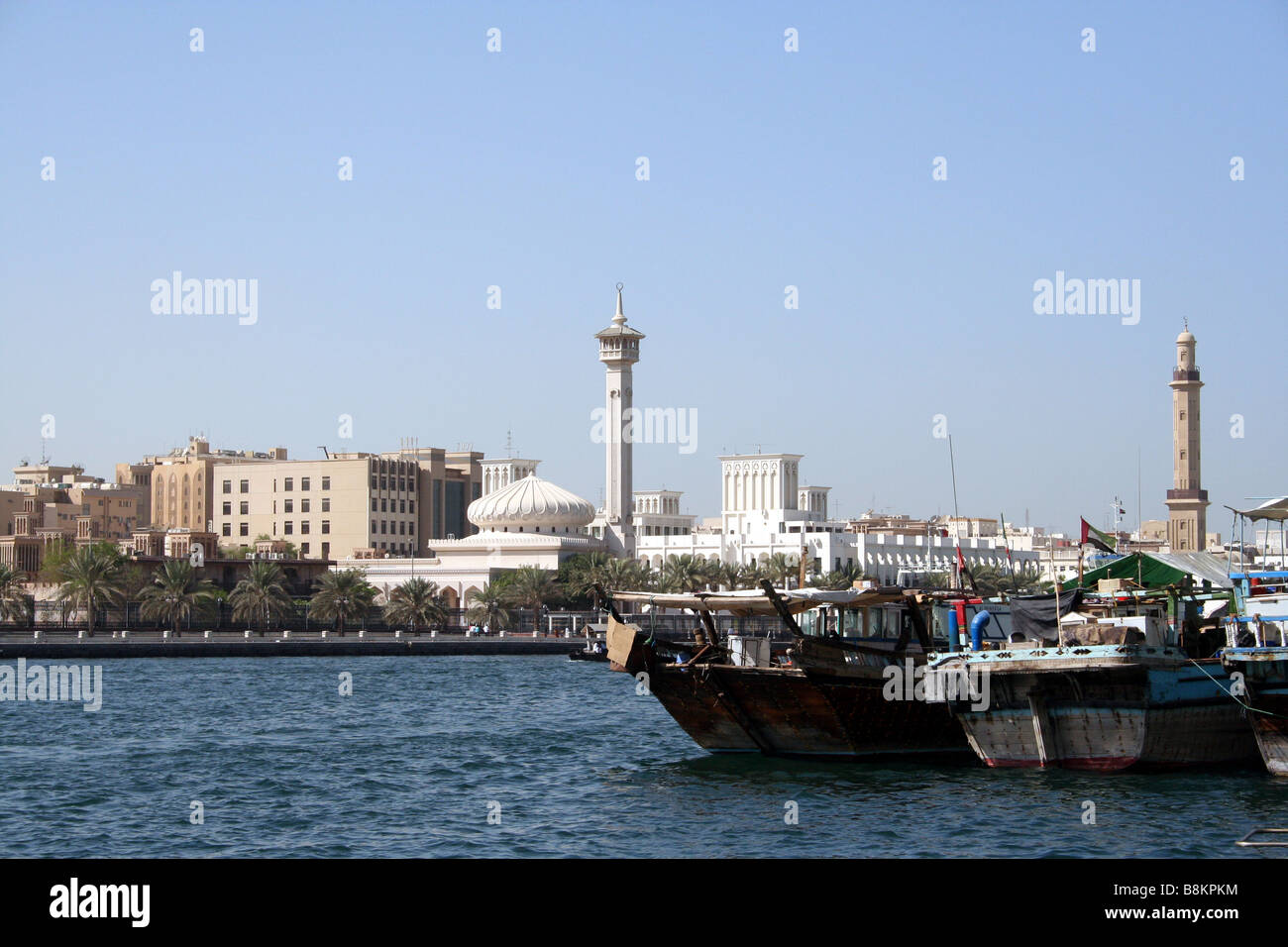 Traditional Dhows/Boats on the Creek in Dubai in the UAE Stock Photo