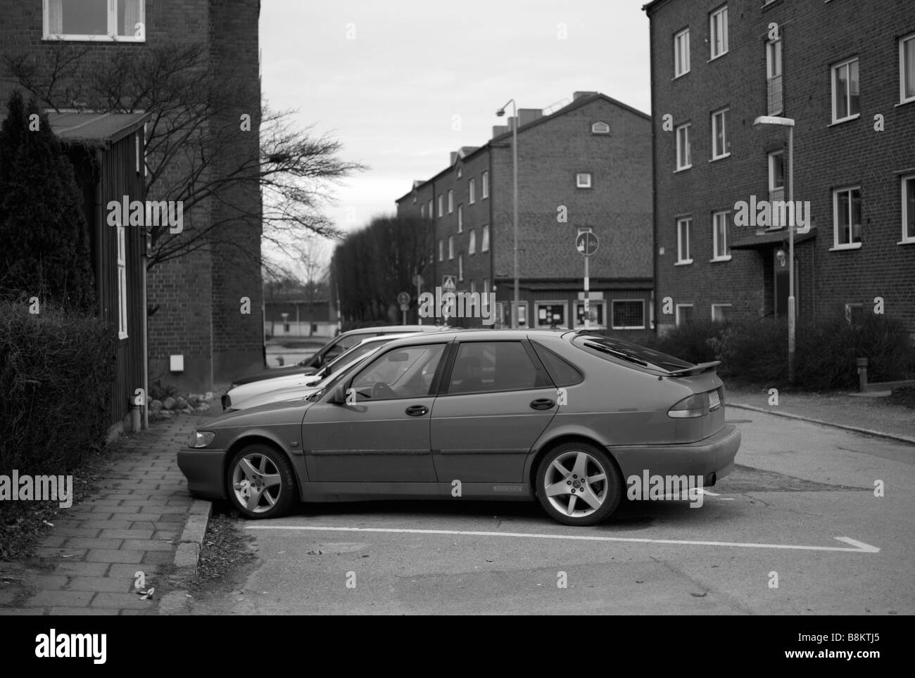 Parked SAAB 9-3 in Helsingborg, Sweden. Picture taken during their big crisis in February 2009. FOR EDITORIAL USE ONLY. Stock Photo