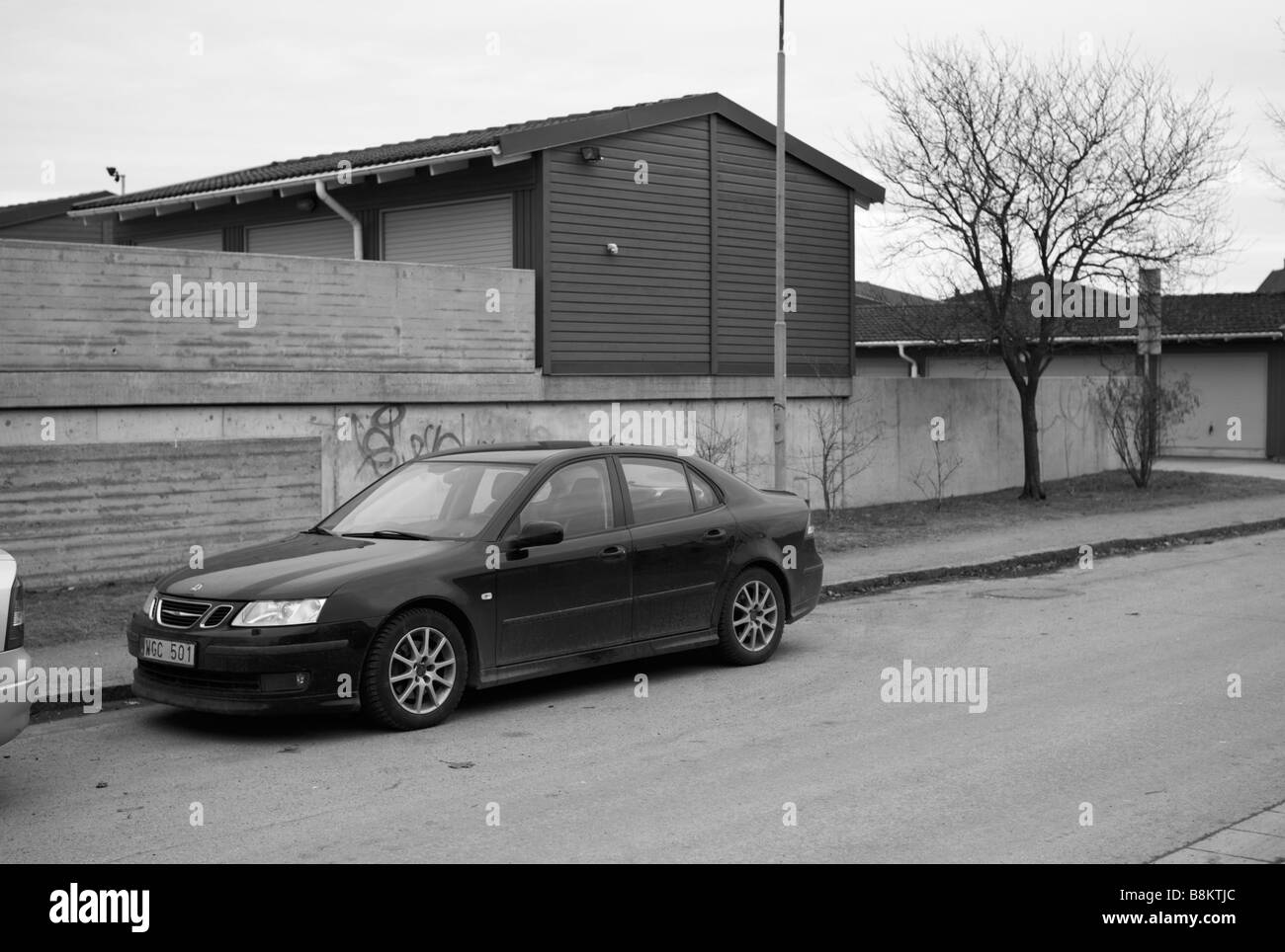 Parked SAAB 9-3 in Helsingborg, Sweden. Picture taken during their big crisis in February 2009. FOR EDITORIAL USE ONLY. Stock Photo
