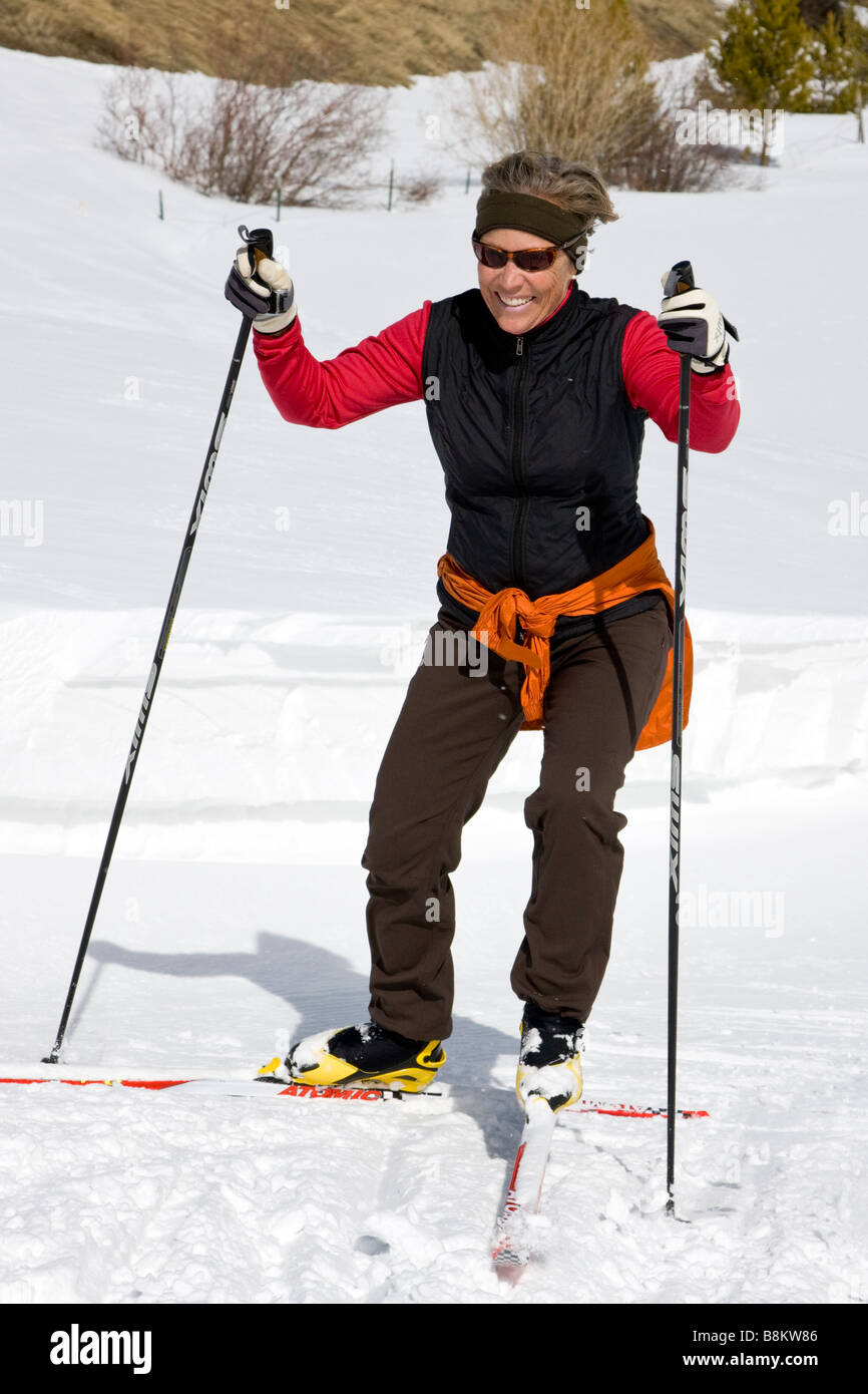 Female skate skier at the Tennessee Pass Nordic Center near Leadville, Colorado, USA Stock Photo