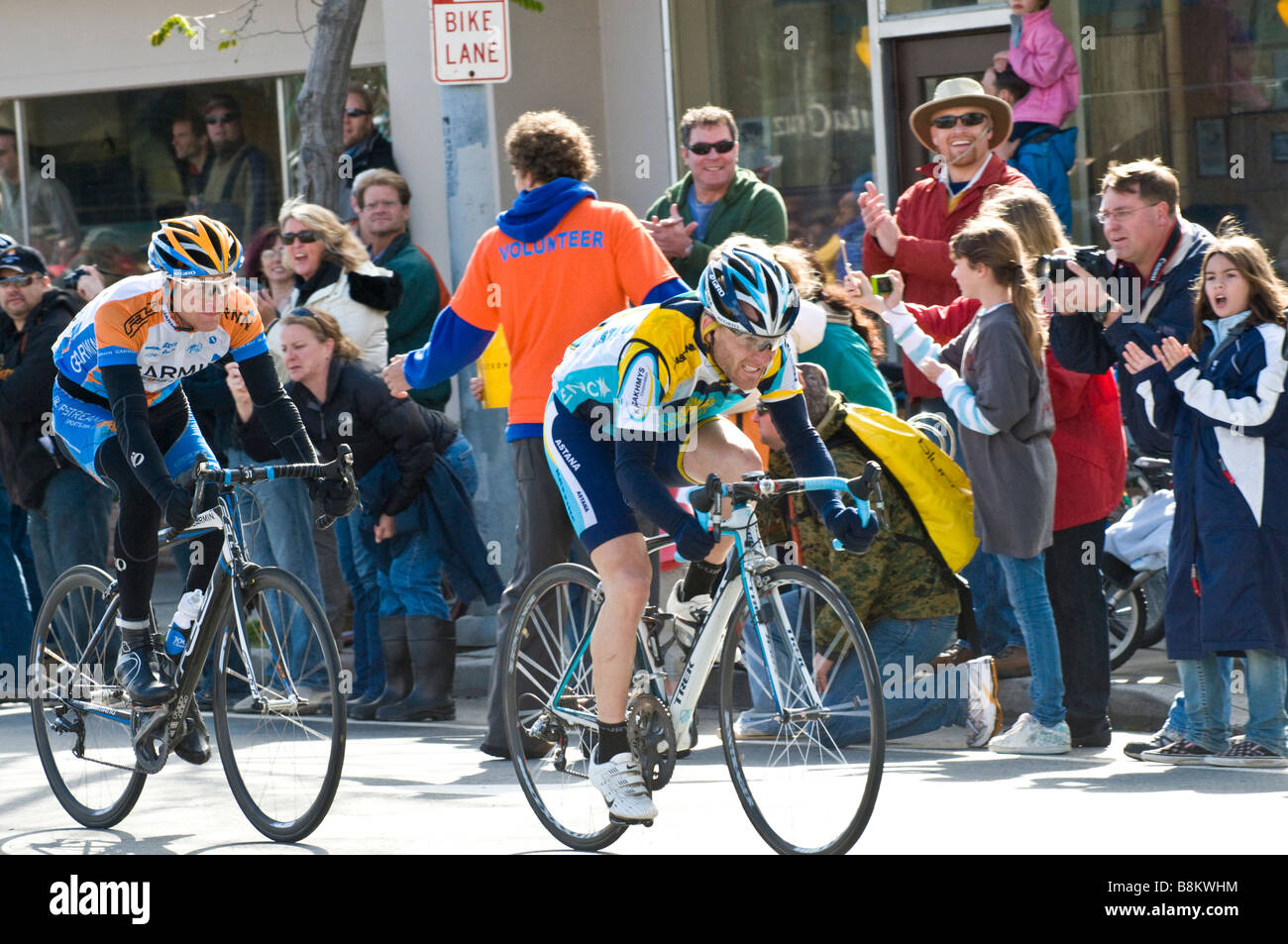Amgen Tour of California bicycle race riders entering finish area in