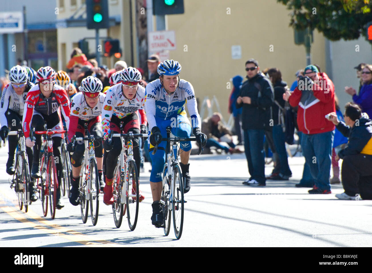 Amgen Tour of California bicycle race riders entering finish area in