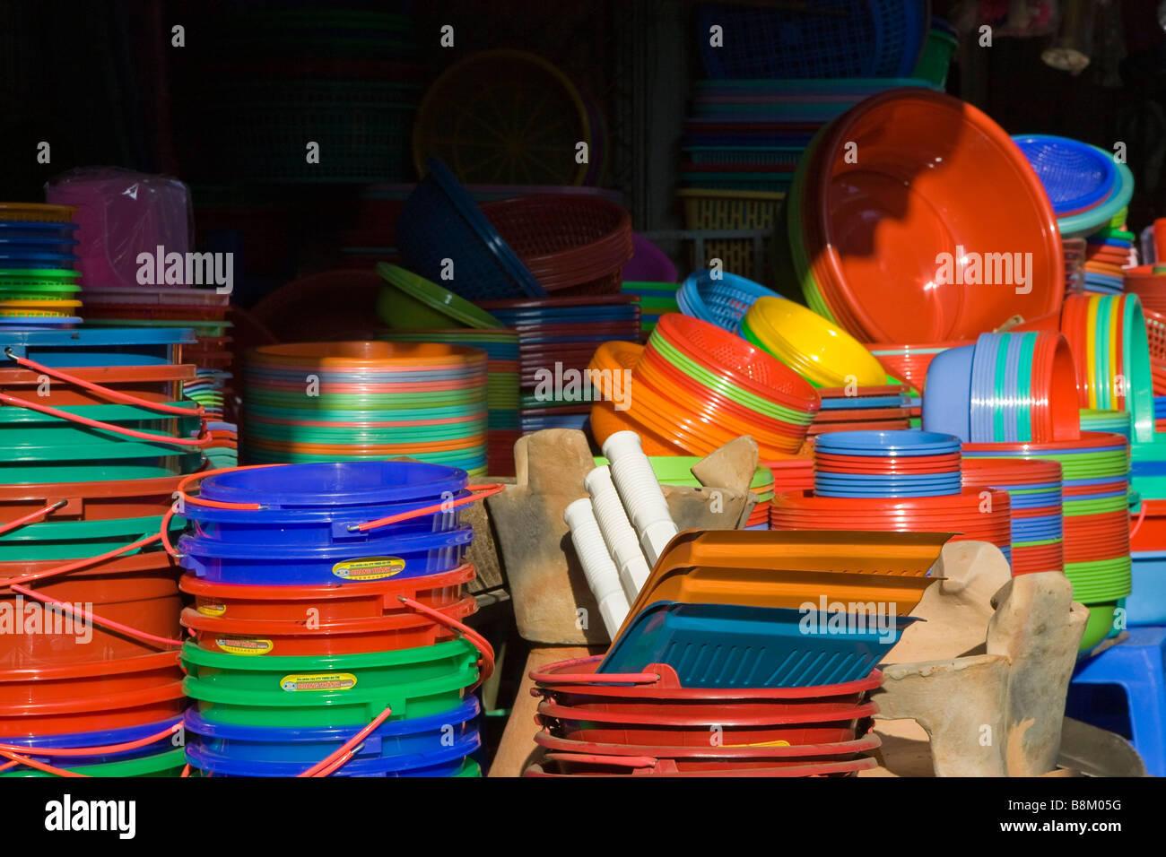 bright plastic buckets Stock Photo