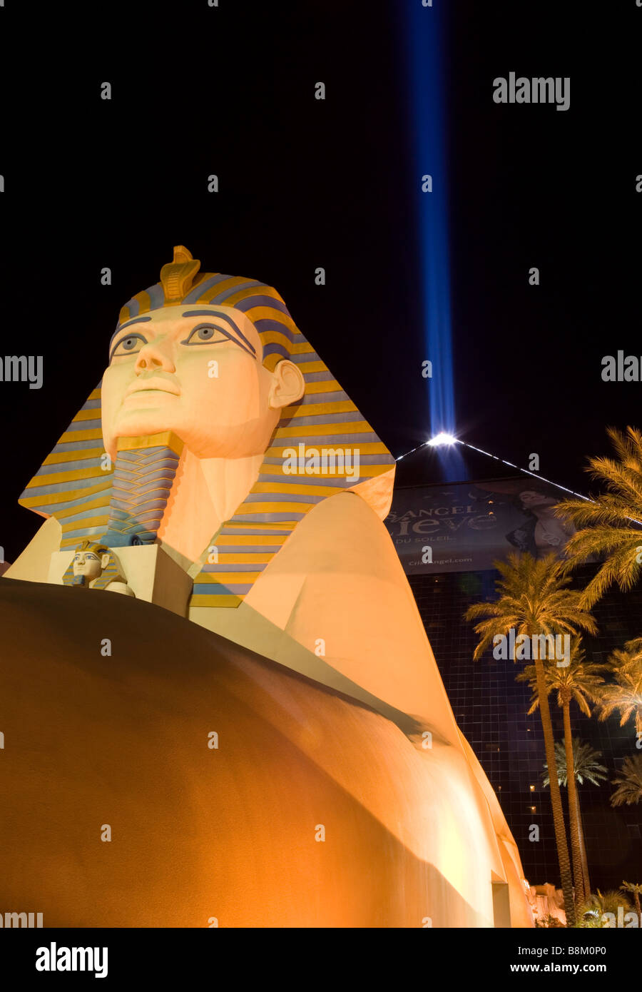 View of the Sphinx and Pyramid at the Luxor hotel and casino at night, Las Vegas strip, Nevada, USA Stock Photo