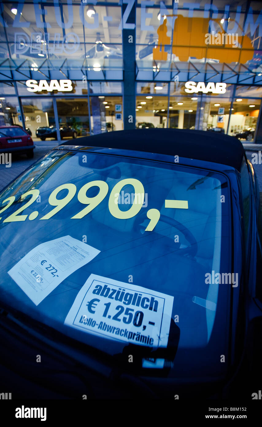 A new Saab vehicle sits on the lot at an dealership in Hamburg, Germany Stock Photo