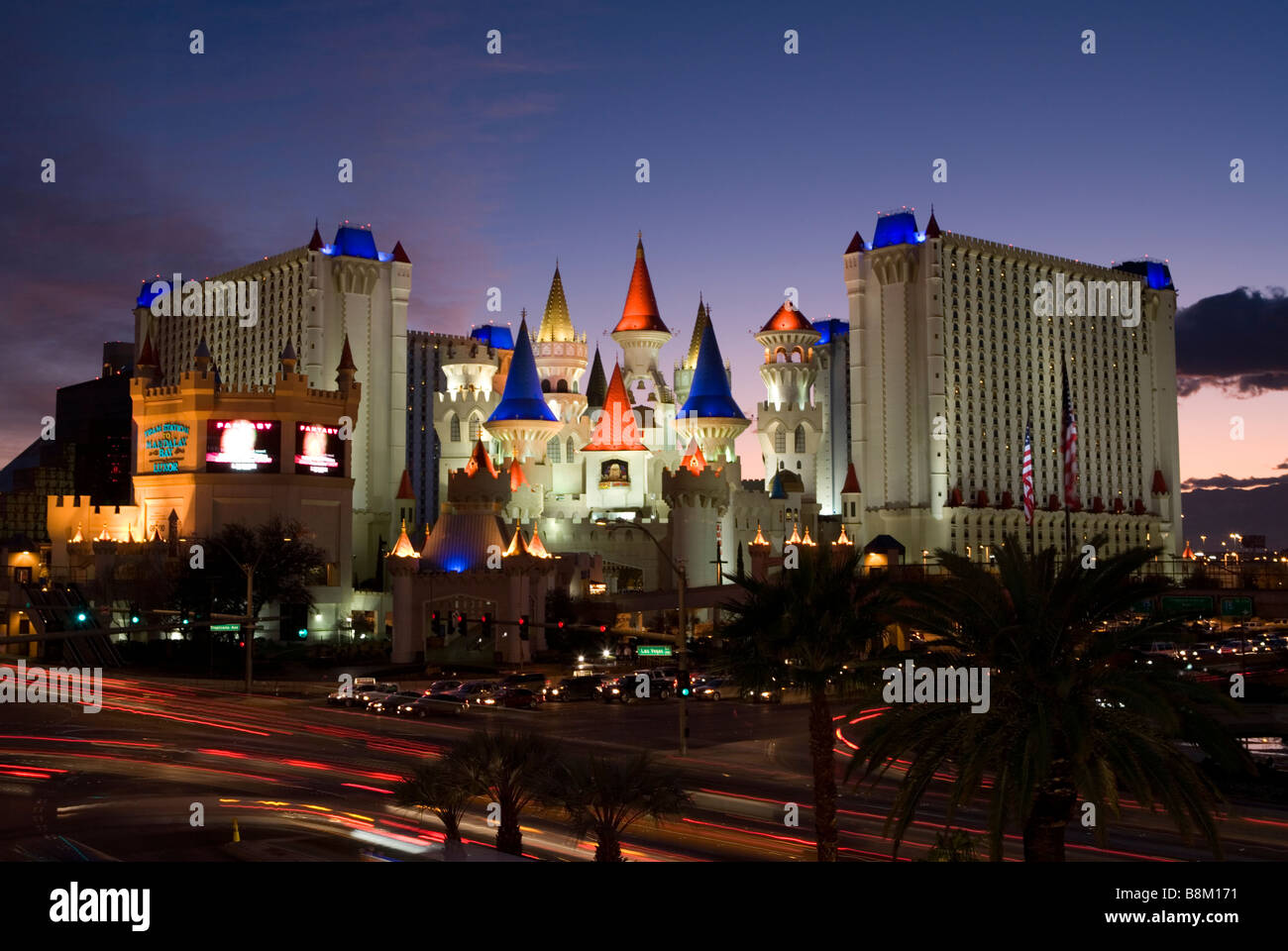 The Excalibur Hotel and casino at dusk on the Las Vegas strip, Nevada, USA Stock Photo