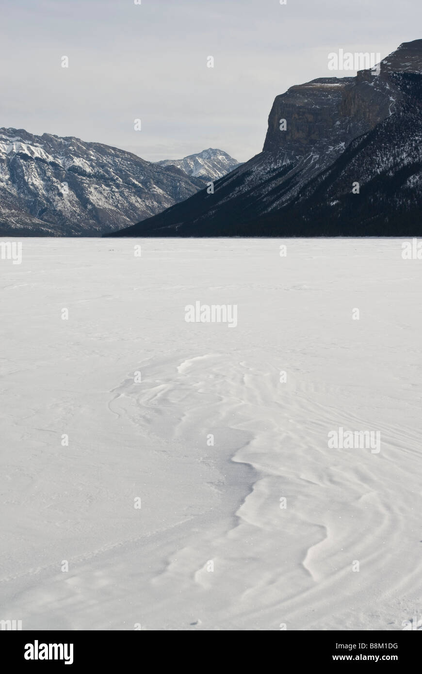 A frozen Lake Minnewanka, Banff National Park, Alberta, Canada. Stock Photo