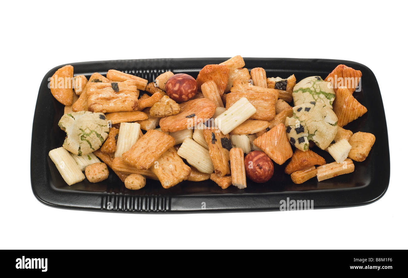 isolated bowl of japanese rice crackers Stock Photo