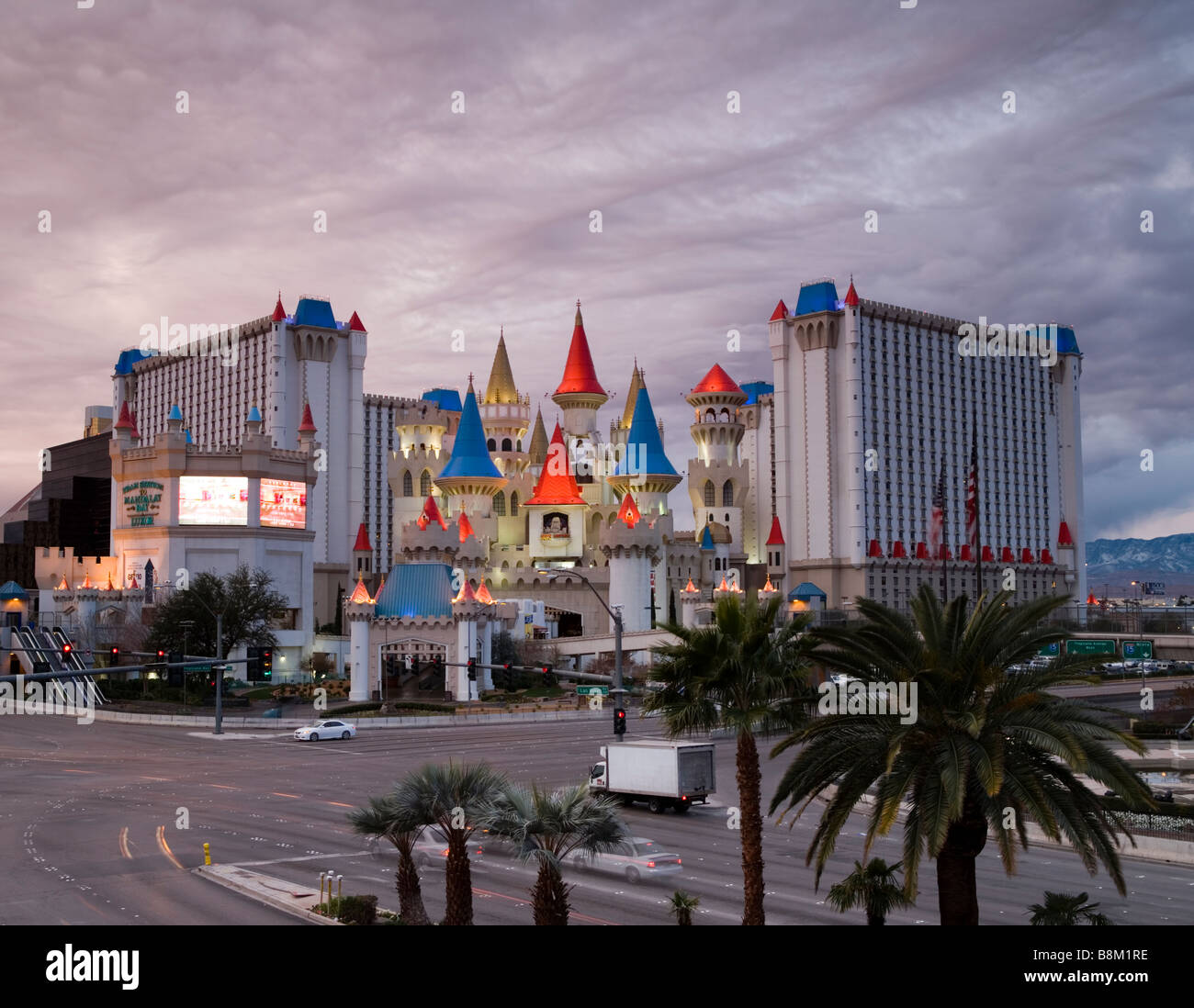 Dark clouds over the Excalibur Hotel and casino on the Las Vegas strip, Nevada, USA Stock Photo