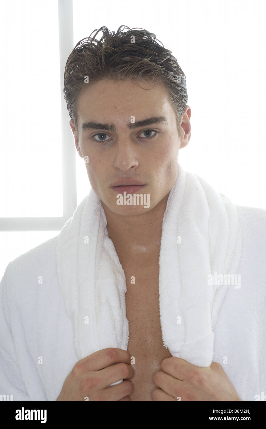 young man after hair washing Stock Photo