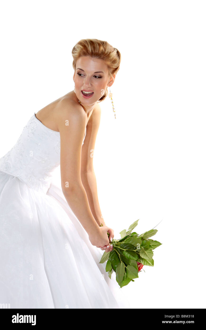 bride in wedding dress bridal bouquet throwing Stock Photo Alamy