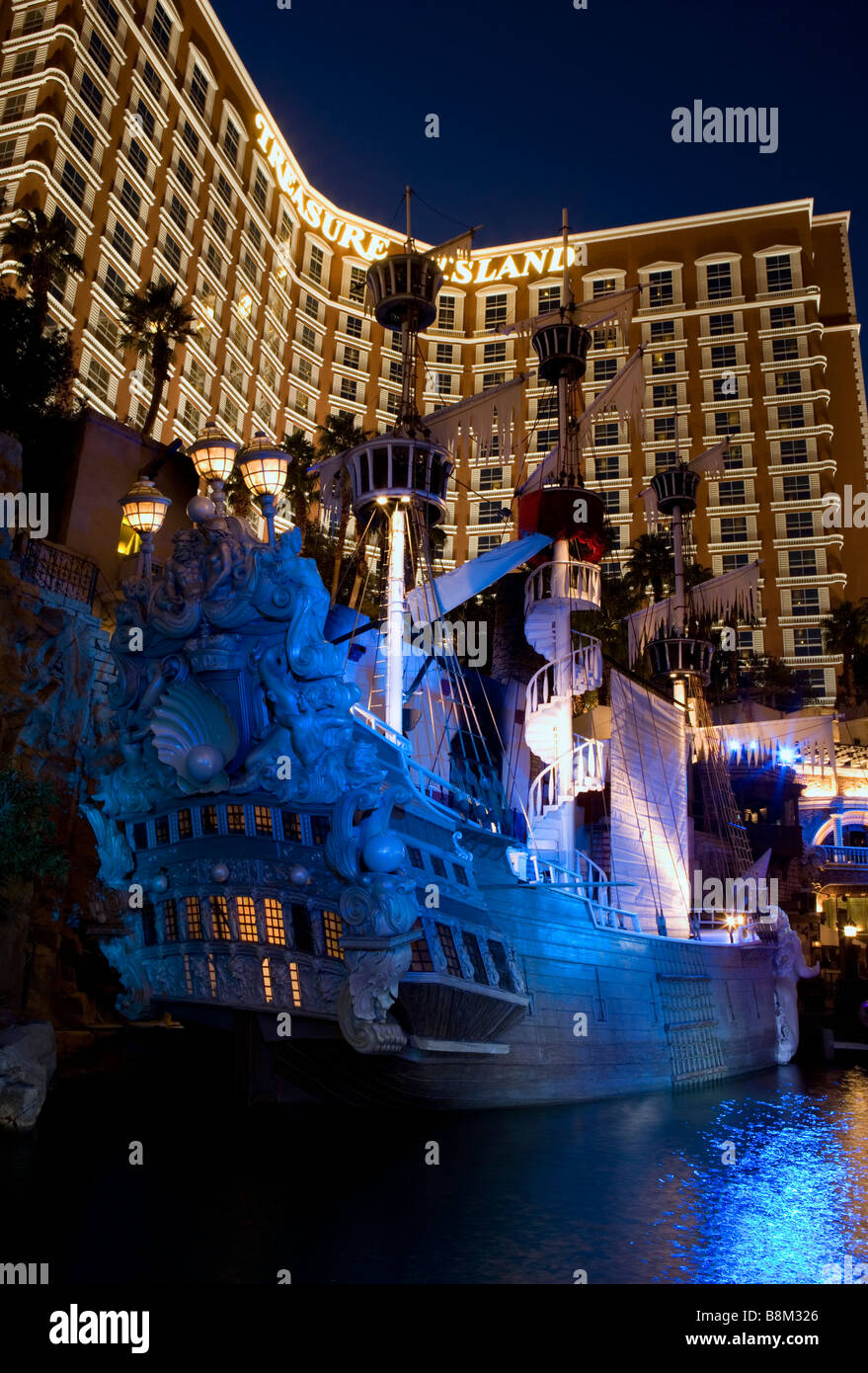 Sailing ship moored in front of a hotel, Treasure Island Hotel And