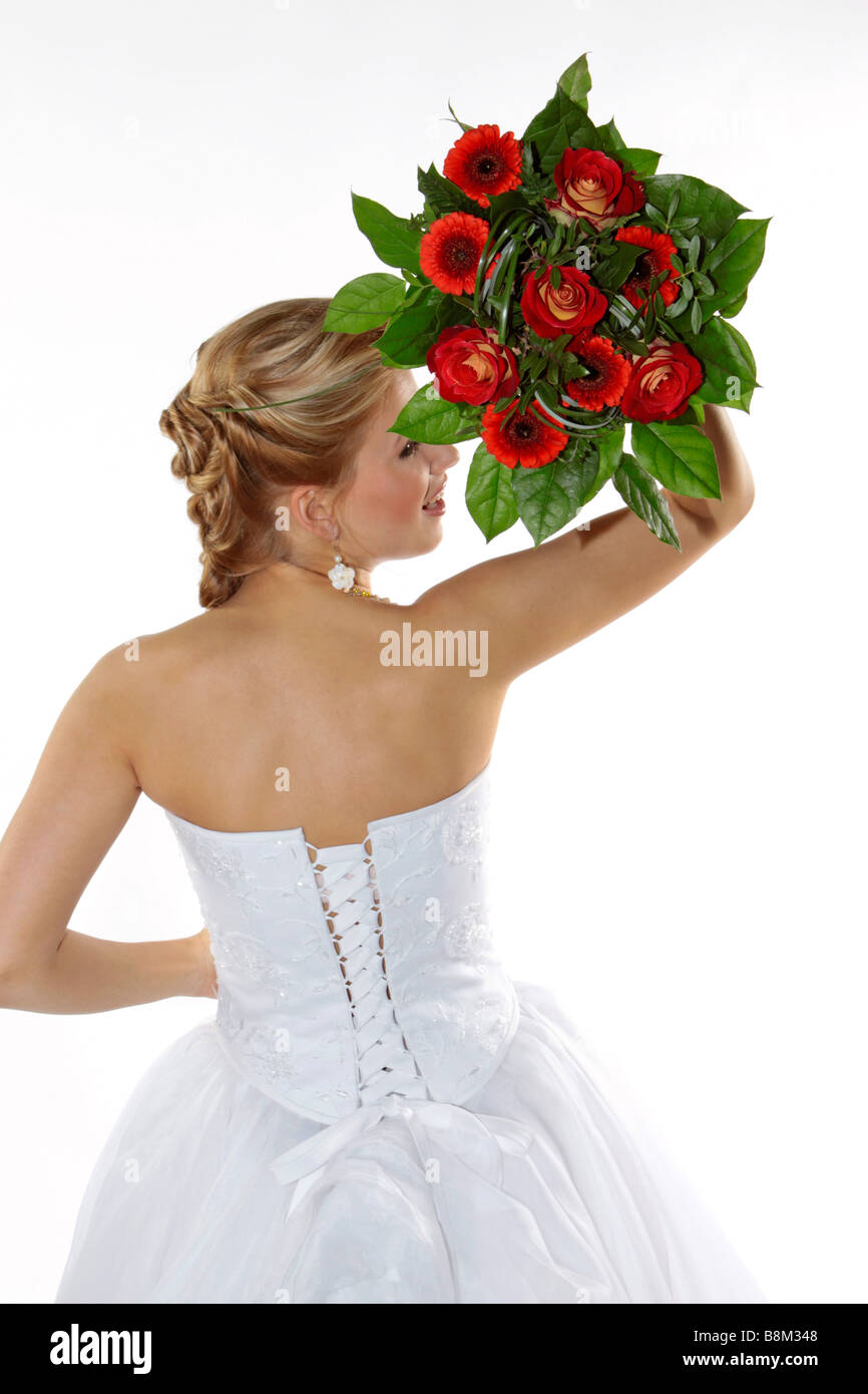 bride in wedding dress bridal bouquet throwing Stock Photo Alamy