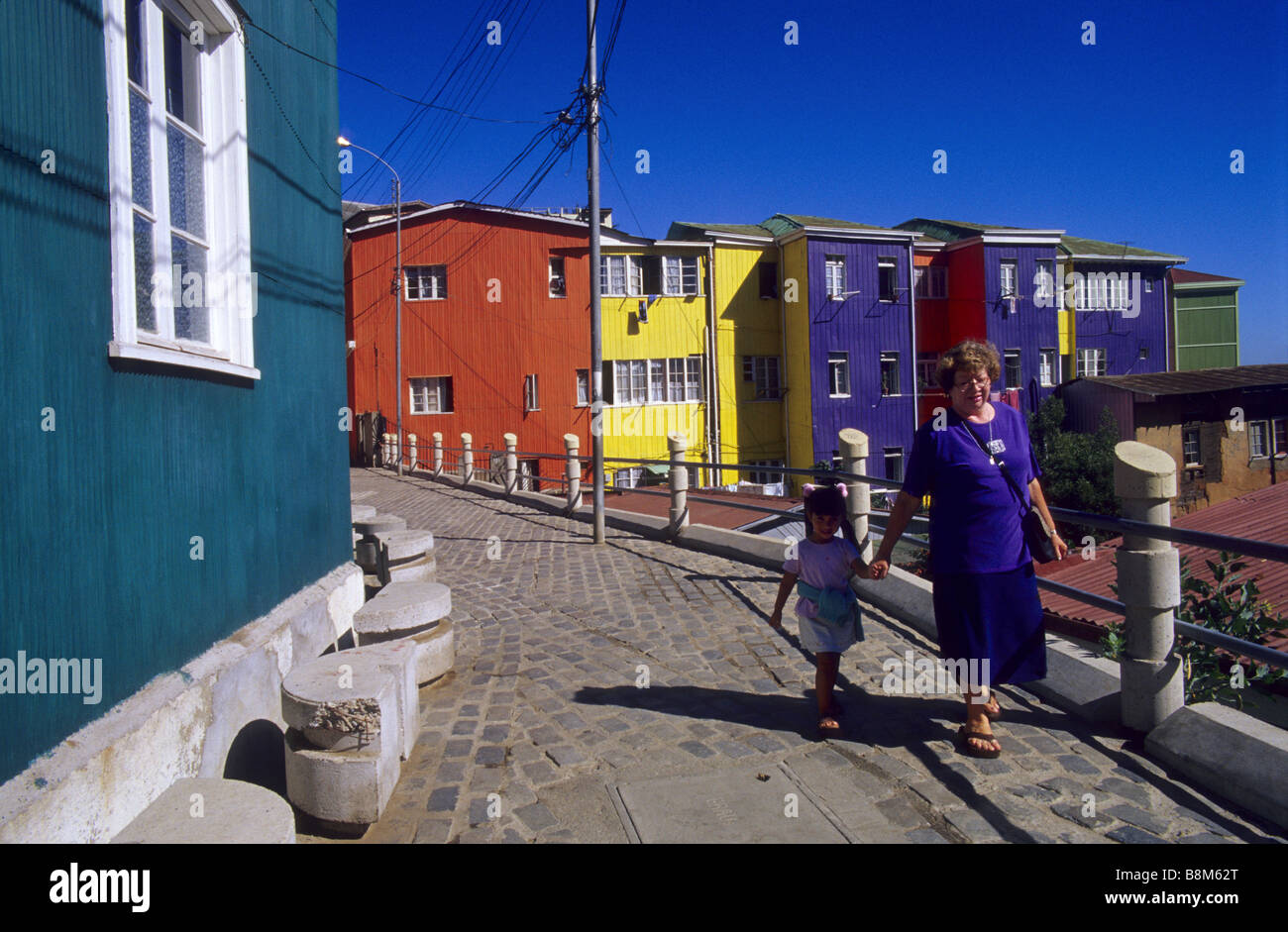 Multicoloured houses in Cerro Bellavista Valparaíso Chile Stock Photo
