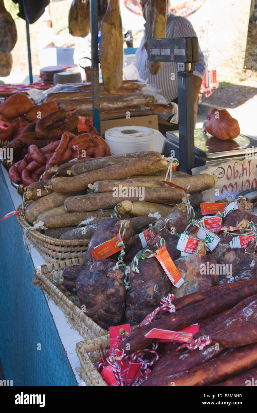 Torrox Village Axarquia Region Malaga Spain Various types of spicy sausages and chorizo on sale Stock Photo