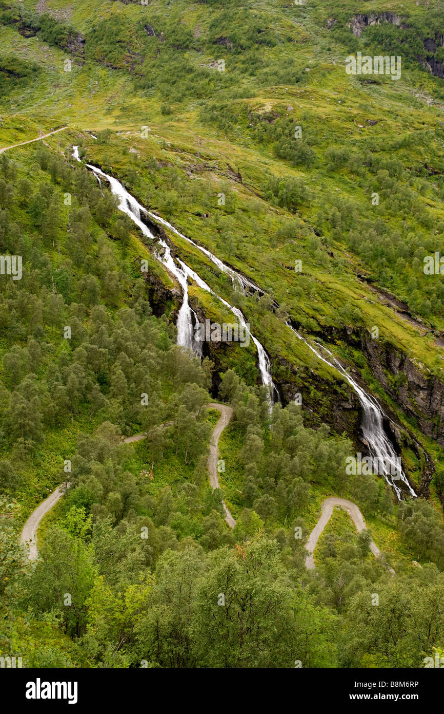 Waterfall in the Flaam valley, along the route of the Flaam railway (Flåmsbana), Norway Stock Photo
