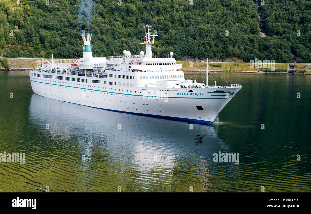 Cruise ship SS Maxim Gorky (1968), of Phoenix Reisen, at anchor in Aurlandsfjord at Flaam, Norway.  Ship sold for scrap, 2009. Stock Photo