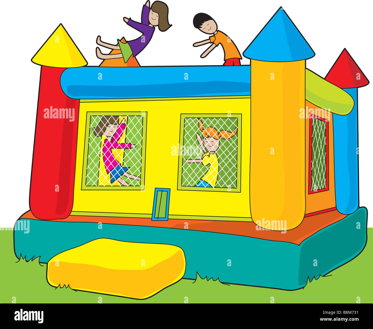 A colorful bounce castle set outdoors on white background with kids jumping Stock Photo