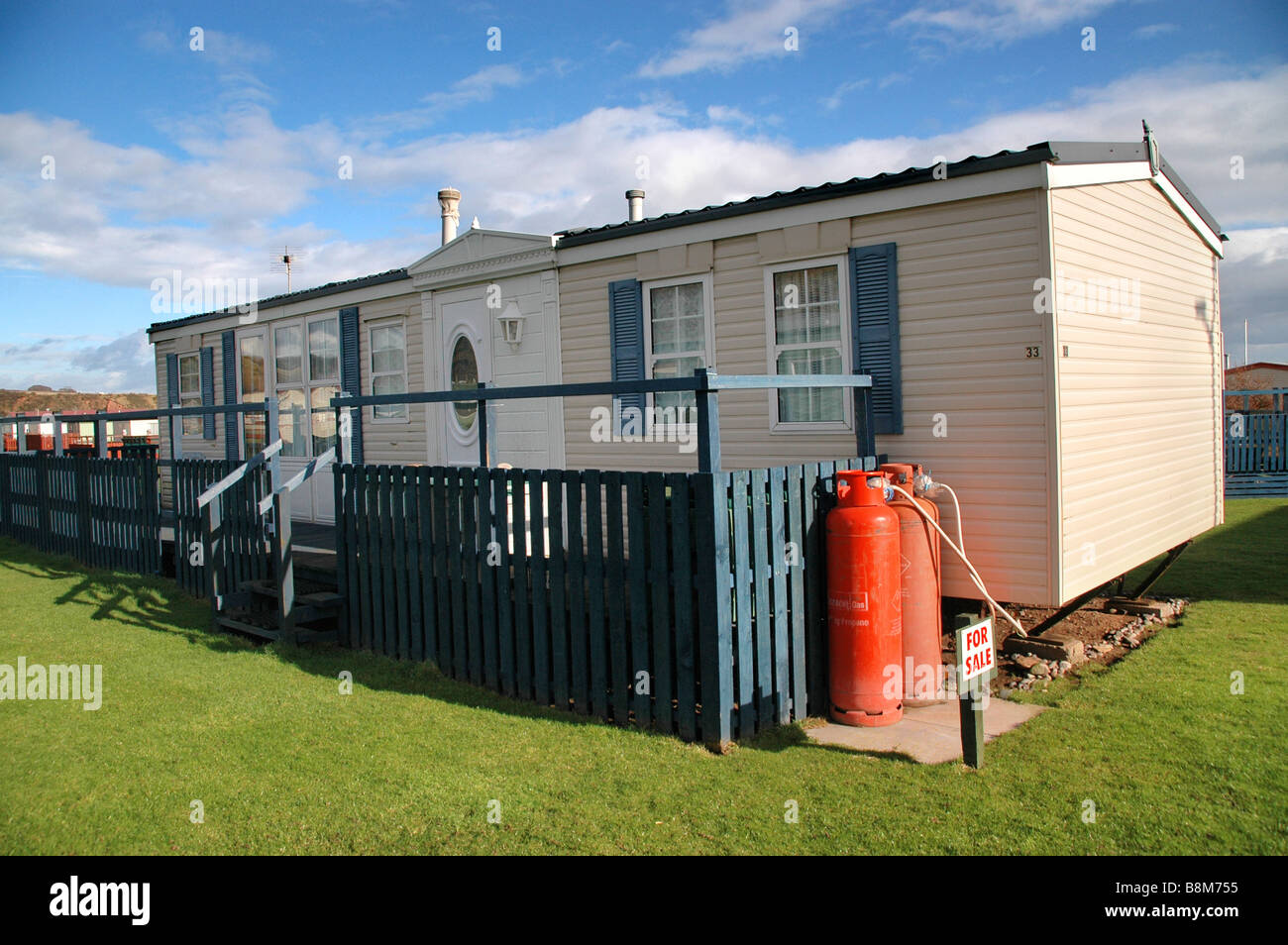 A static caravan up for sale. Stock Photo