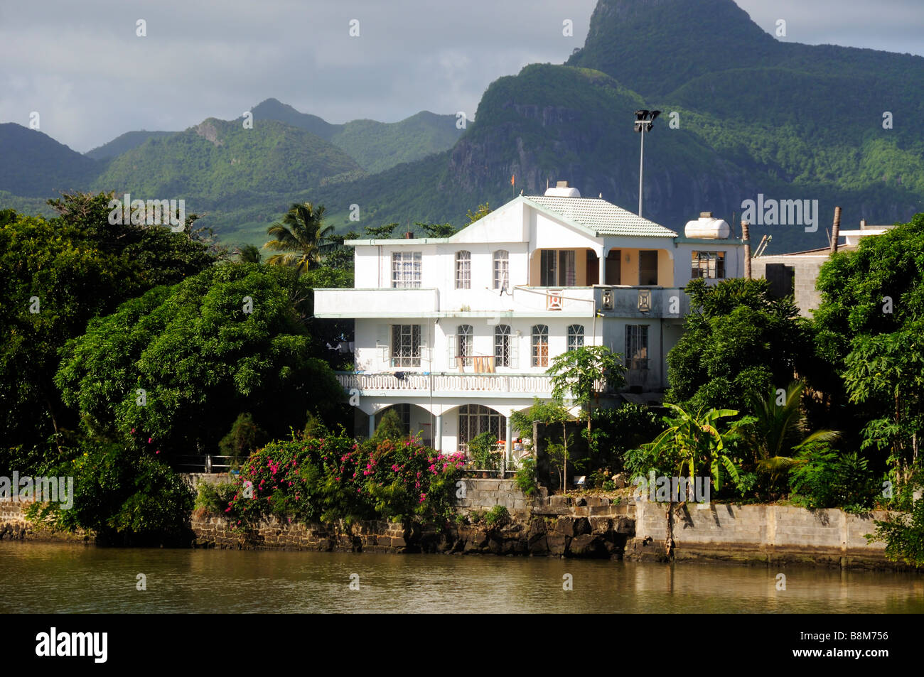 white house on the riverside, Mahebourg, Mauritius island Stock Photo