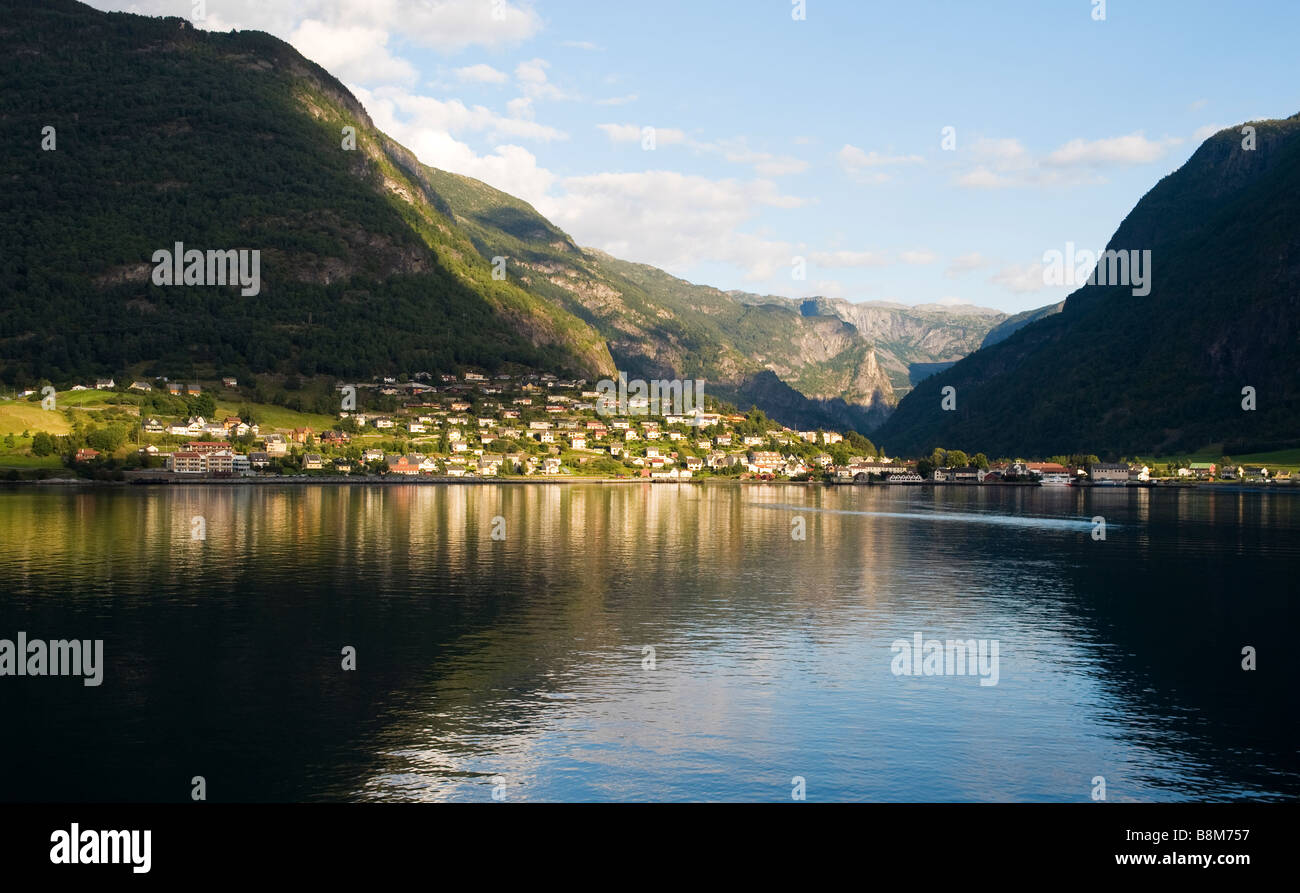 Evening view of Aurland Port, in Aurlandsfjord, near Flaam, Norway Stock Photo