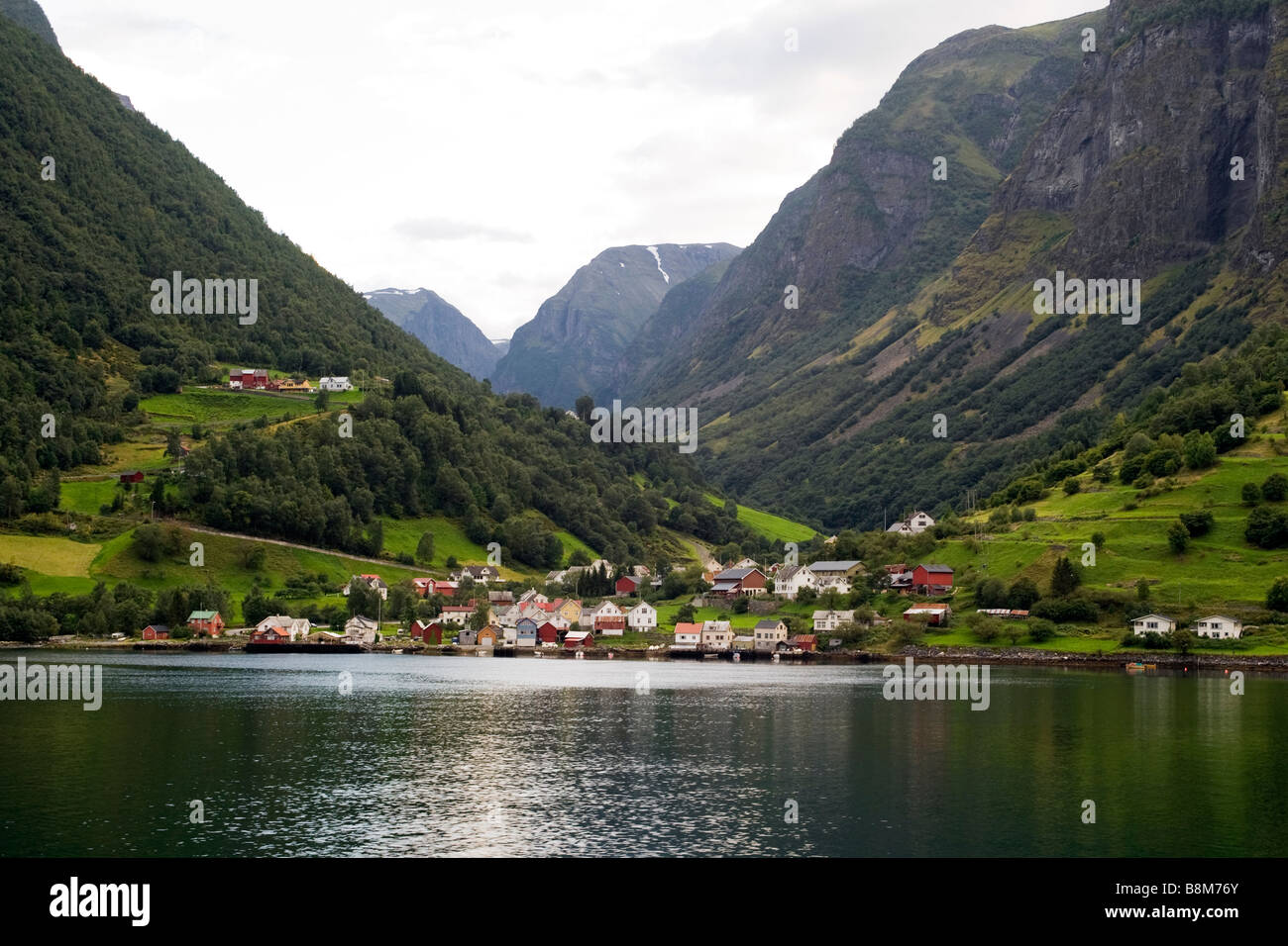 Evening view of Flaam, Norway, from Aurlandsfjord. Stock Photo