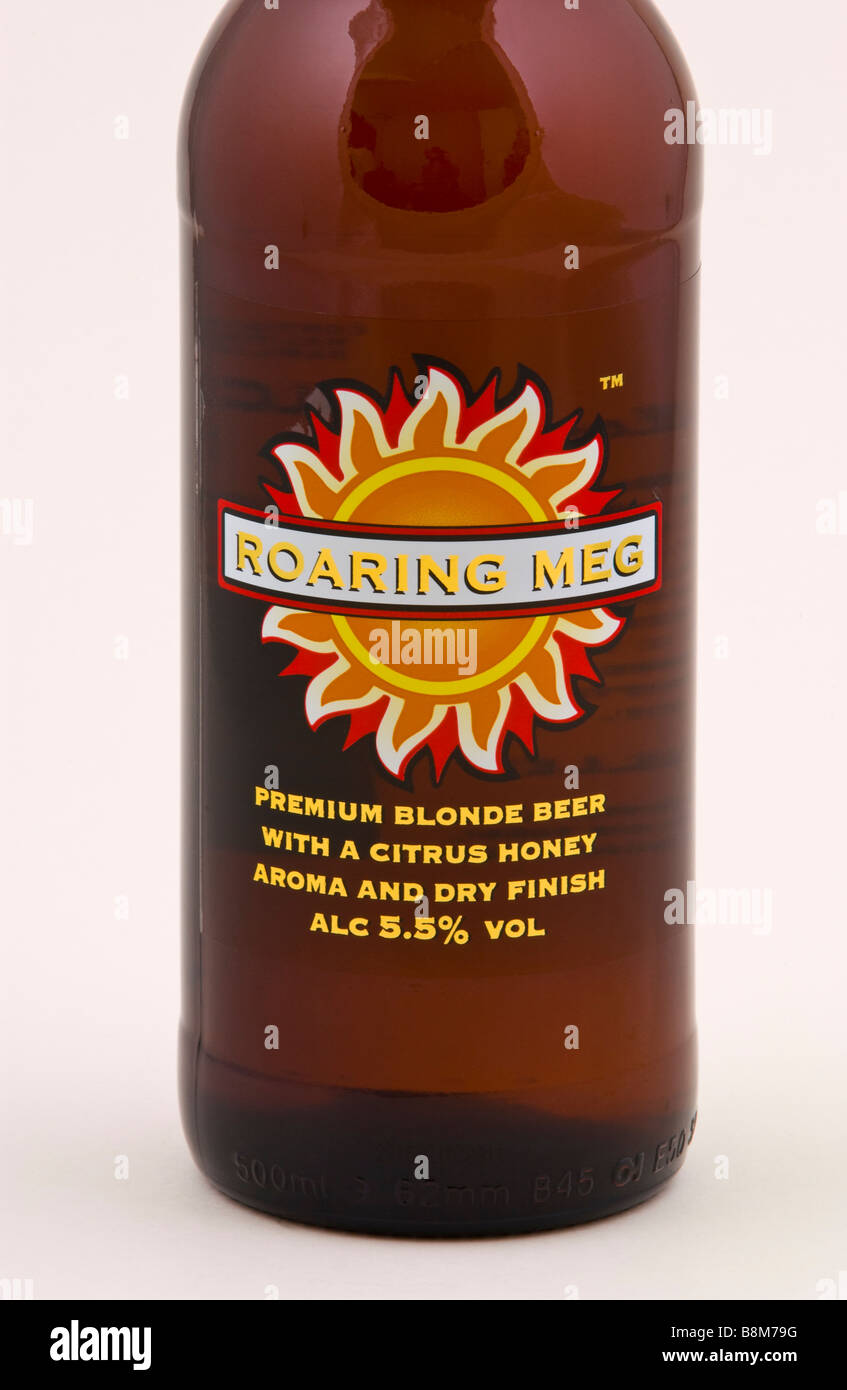 Bottle of Roaring Meg beer brewed at Springhead Brewery Old Great North Road Sutton on Trent Newark Nottinghamshire England UK Stock Photo