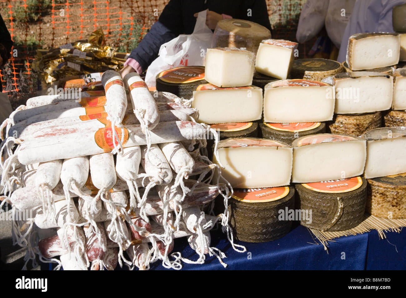 Spicy sausage and cheese on sale at Sppanish market Torrox Pueblo Axarquia Region Malaga Spain Stock Photo
