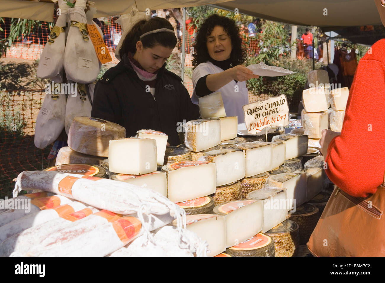 Spicy sausage and cheese on sale at Sppanish market Torrox Pueblo Axarquia Region Malaga Spain Stock Photo