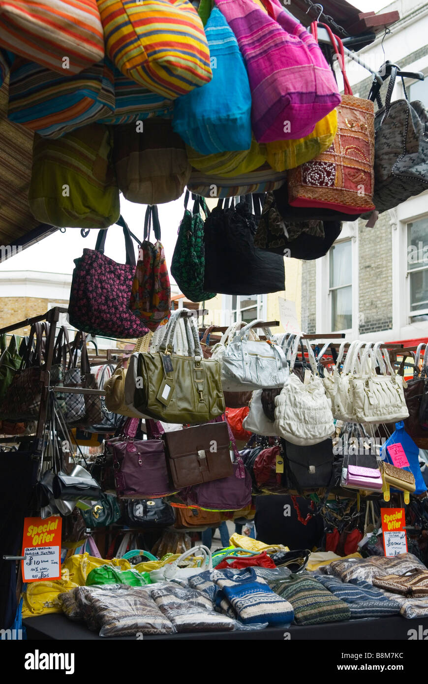 Stall selling bags at Portobello market Stock Photo - Alamy