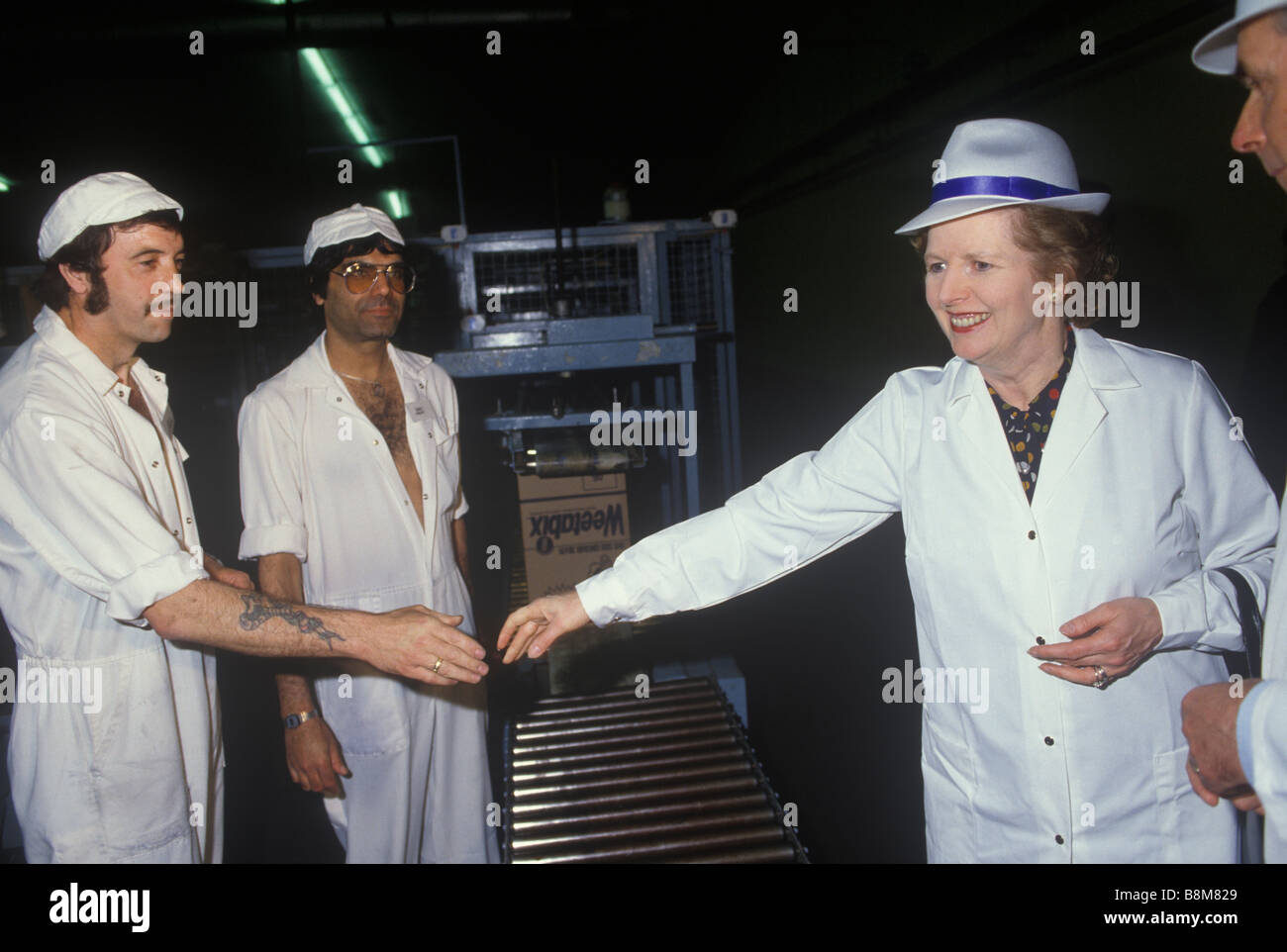 Margaret Thatcher factory visit Telfers Northampton meat pie factory during 1978 election campaigning preparing for 1979 General Election 1970s HOMER Stock Photo