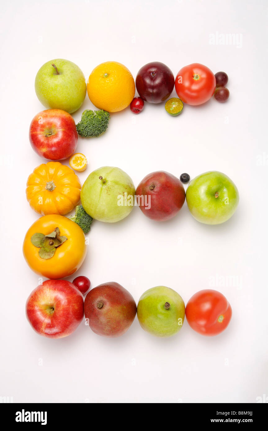 Fruits and vegetables in the shape of letter E close up Stock Photo Alamy