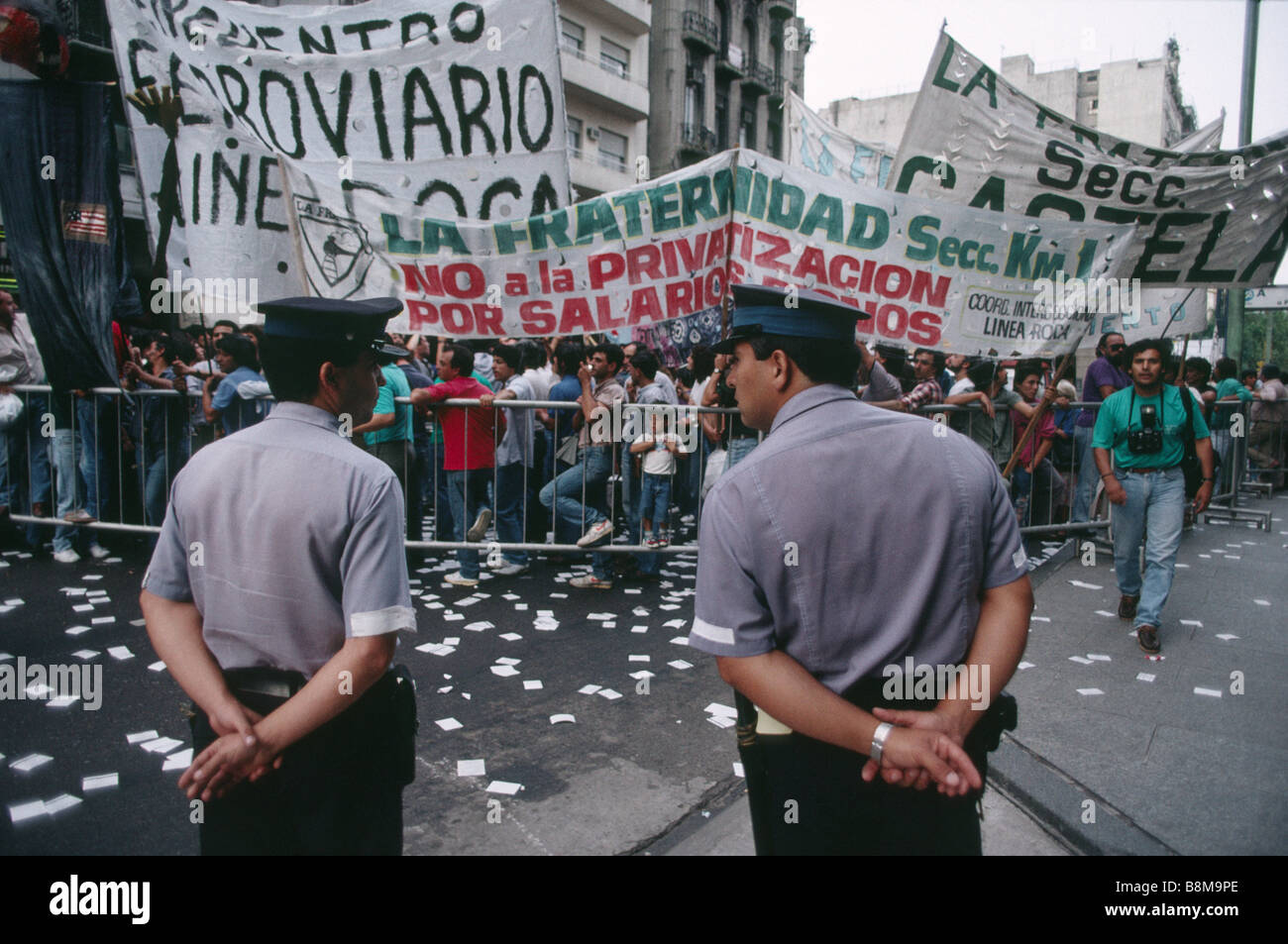 Police monitor a political demonstration, Buenos Aires, Argentina Stock Photo