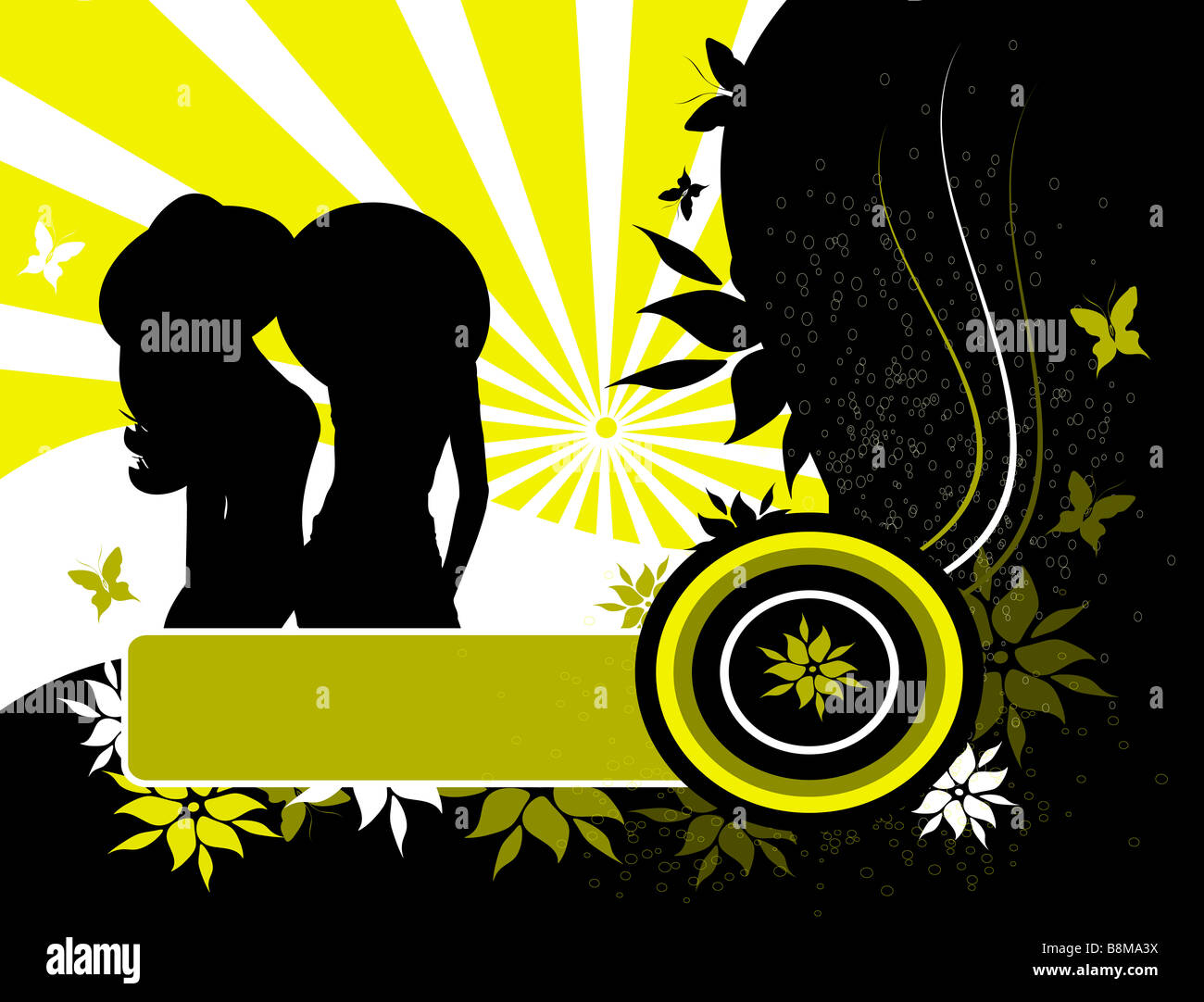 Grunge vector background with silhouettes flowers and butterflies Stock ...