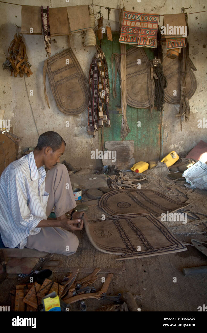 Leather camel harnesses and saddles workshop in Kassala at Erythrean border in Sudan Stock Photo