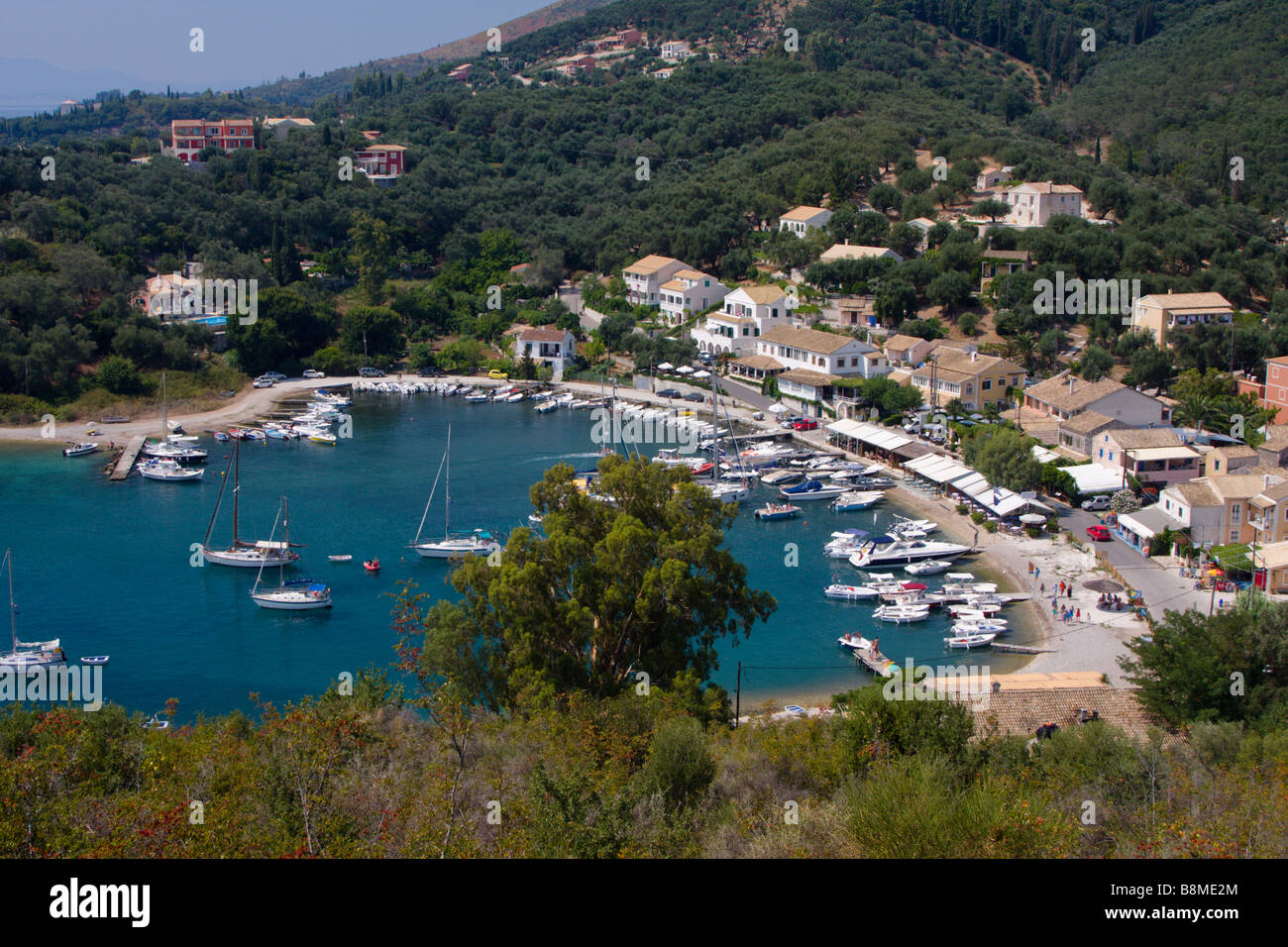 Looking down on the small harbour of Agios Stephanos Corfu Stock Photo