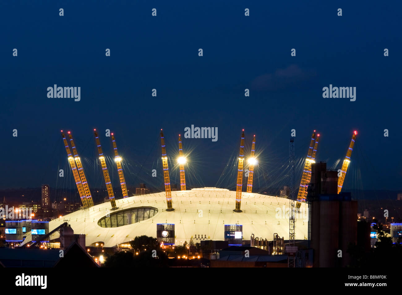 Horizontal close up of the O2 formerly known as the Millennium Dome lit up at night Stock Photo