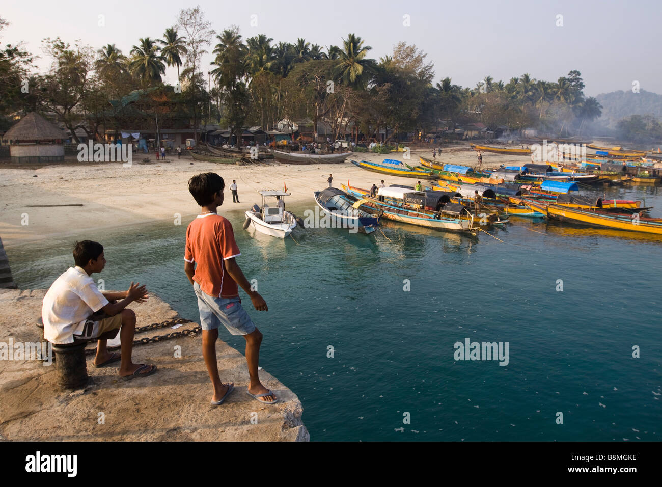 India Andaman And Nicobar Havelock Island Jetty Two Boys On Quayside ...