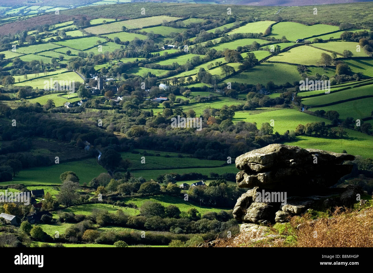 Honeybag Tor and Widecombe village on Dartmoor in Devon,animal, bonehill, bracken, chinkwell, countryside, dartmoor, destination Stock Photo