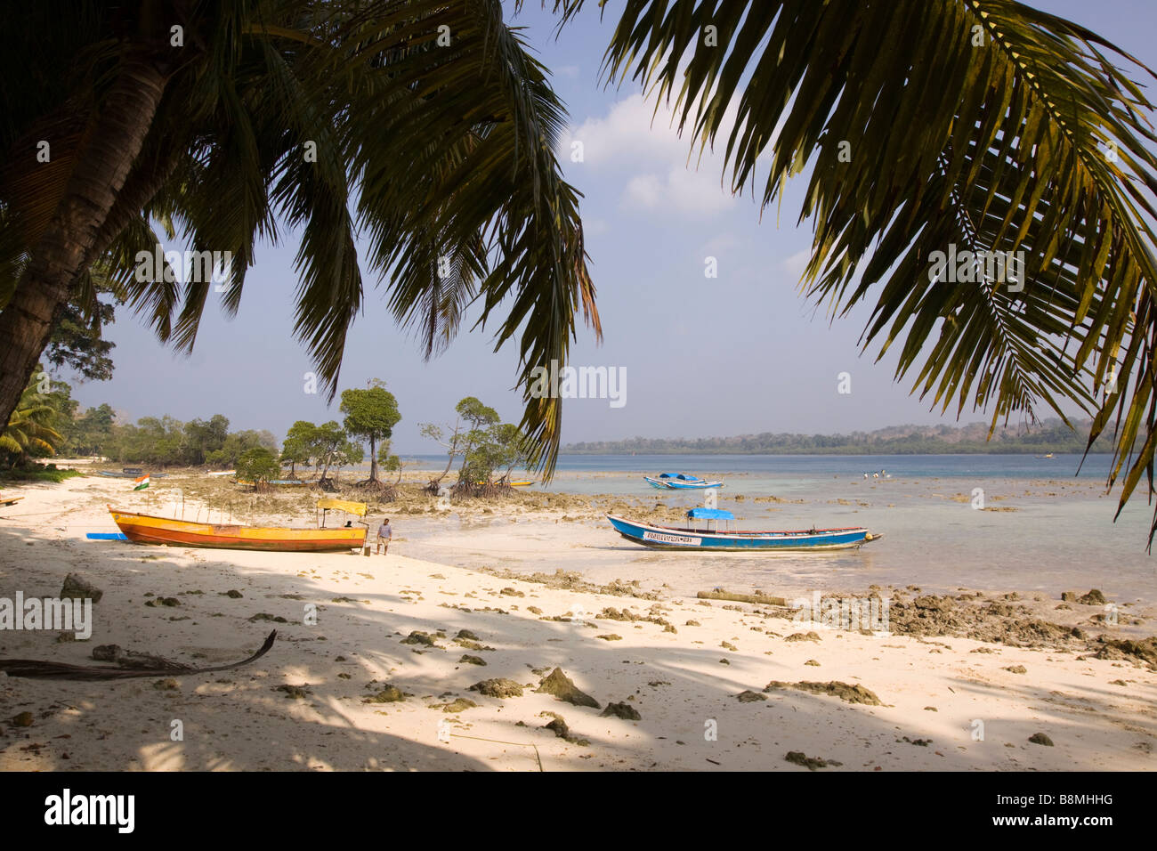 India Andaman and Nicobar Havelock island fishing boats moored on number 2 beach Stock Photo