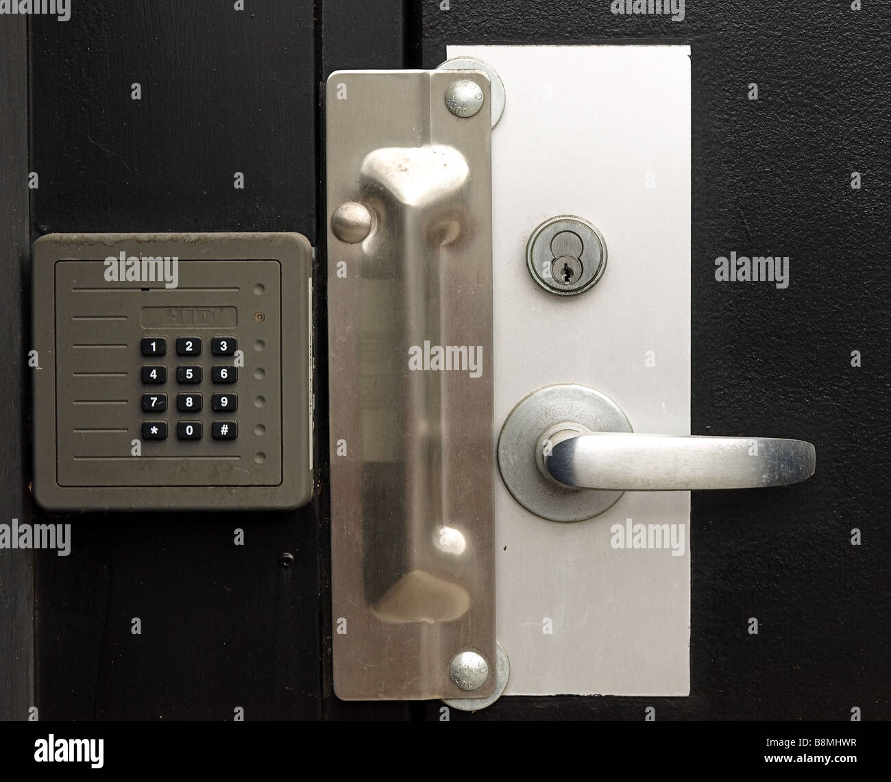 Stock photo of an electronic doorlock keypad and doorknob assembly in landscape format Stock Photo