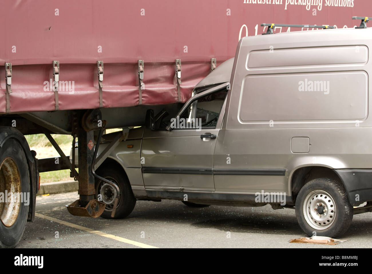 RTC Crash of small van into lorry HGV trailer Stock Photo