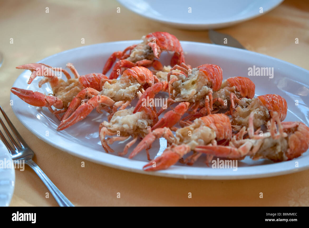 Plate of battered and fried fresh water crayfish called 'gamberetti del fume' Stock Photo