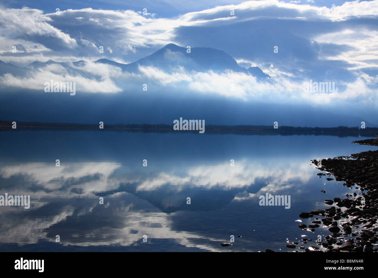 Mountain reflections in the Waterton Lakes National Park, Alberta Stock Photo
