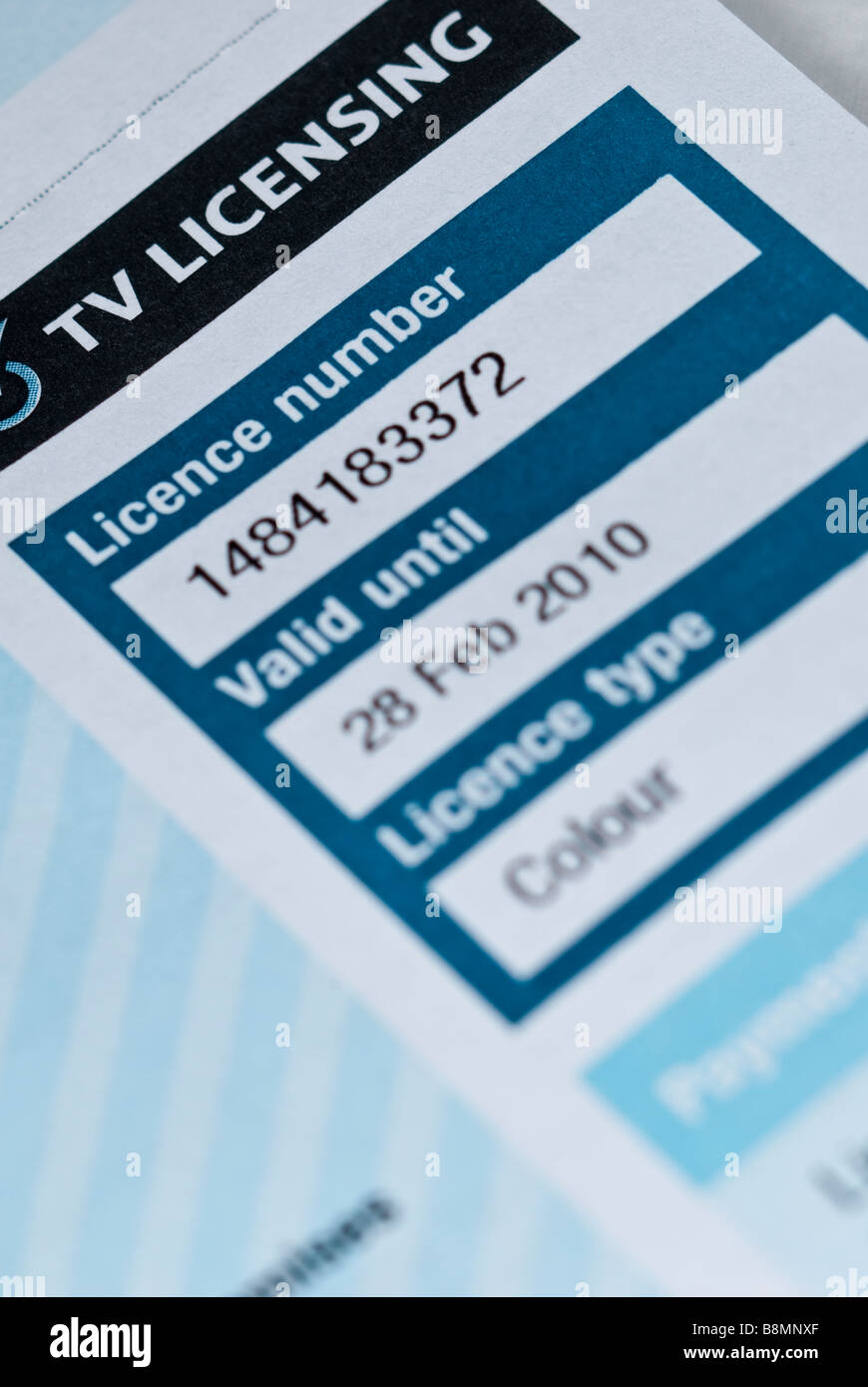 A close up of a uk tv television licence showing the issue number and expiry date Stock Photo