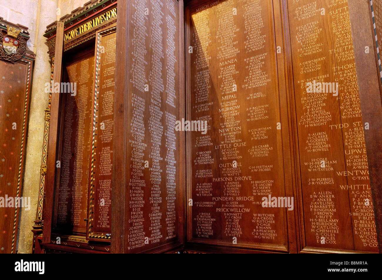 Wooden panels listing the war dead in Ely Cathedral Stock Photo