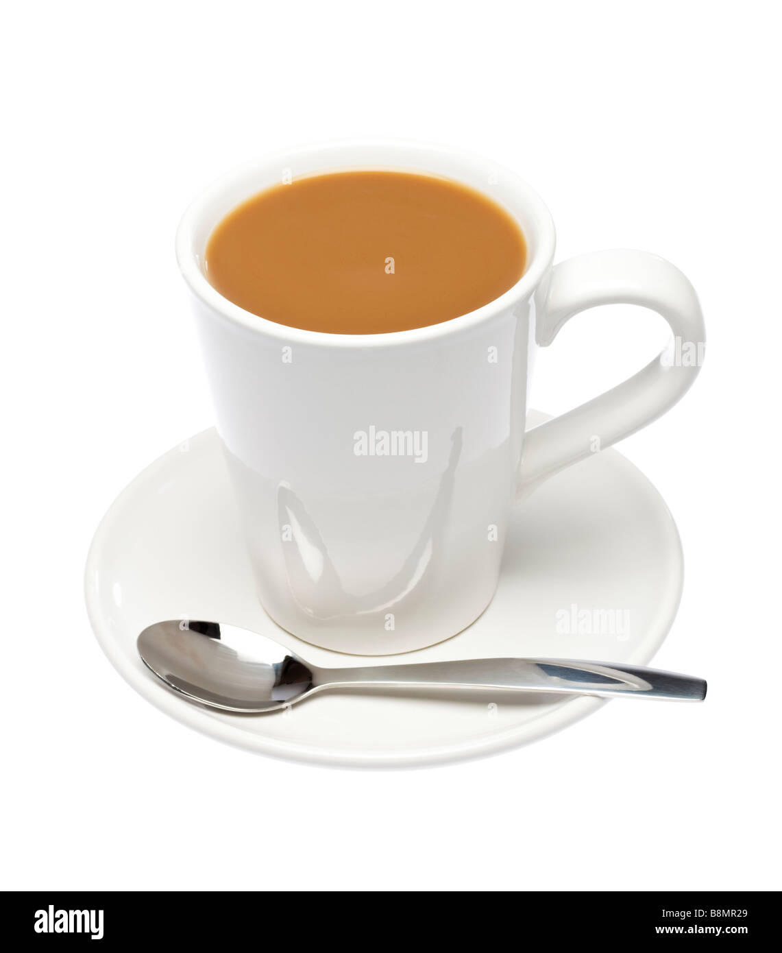 Cup of coffee on saucer with spoon on white cutout Stock Photo